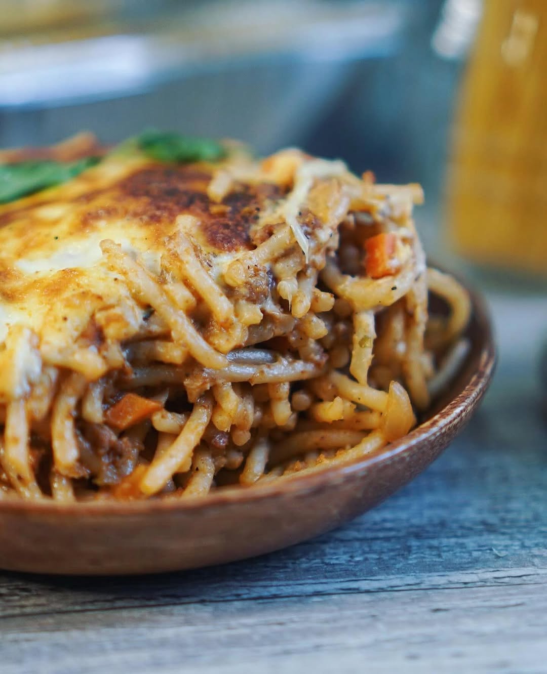 Baked cream cheese spaghetti close-up
